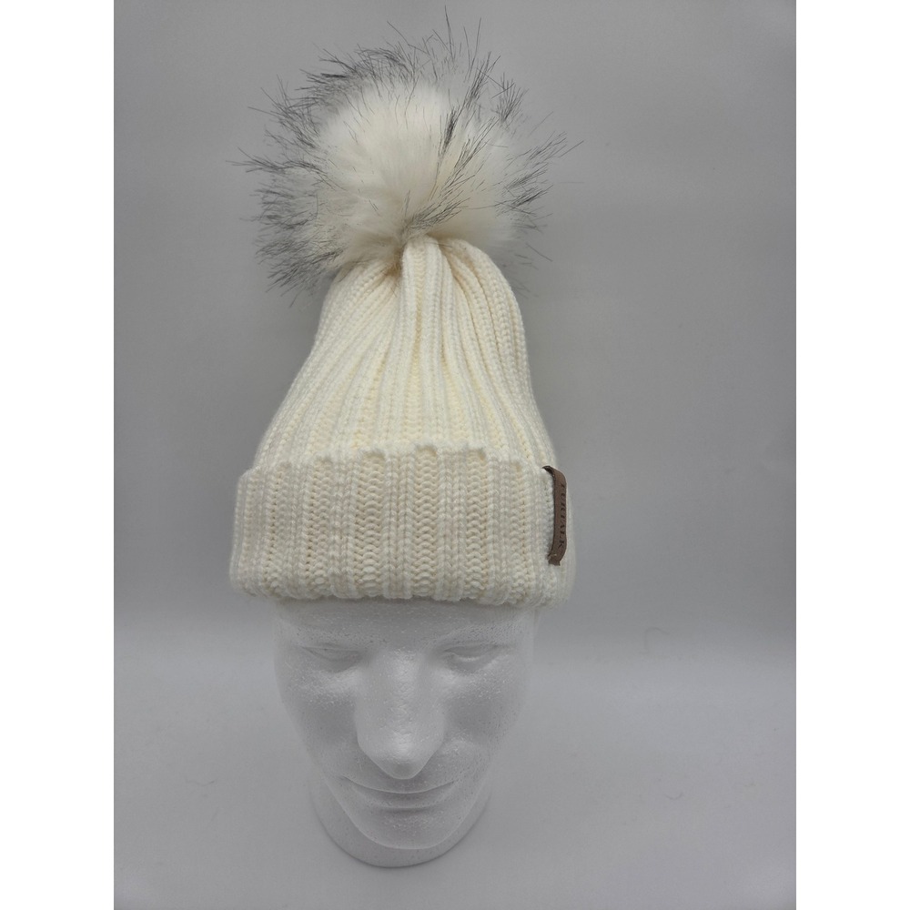 FURTALK Beanie Hat OS Cream Womens Ribbed Knit Faux Fur Pom Pom‎ Winter